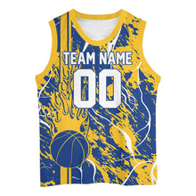 Load image into Gallery viewer, Custom Blue And Yellow Flame Basketball Jerseys With Name And Number, Basketball Team Uniform IPHW10525