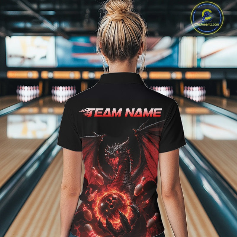 Custom Red Dragon Flame Bowling Team Women Quarter-Zip Shirt, Bowling League Shirt IPHW11666