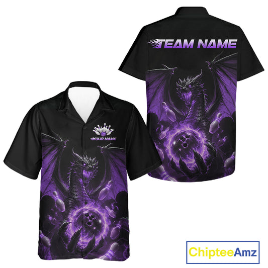 Custom Purple Dragon Flame Bowling Team Men And Women Hawaiian Shirt, Bowling League Shirt IPHW11667