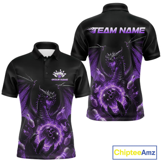 Custom Purple Dragon Flame Bowling Team Men Polo Shirt, Bowling League Shirt IPHW11667