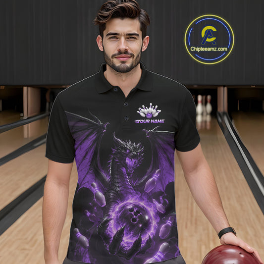 Custom Purple Dragon Flame Bowling Team Men Polo Shirt, Bowling League Shirt IPHW11667