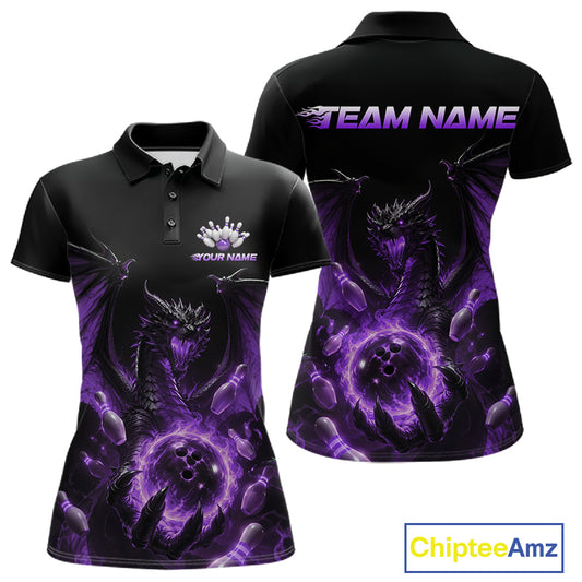 Custom Purple Dragon Flame Bowling Team Women Polo Shirt, Bowling League Shirt IPHW11667