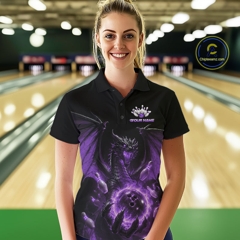 Custom Purple Dragon Flame Bowling Team Women Polo Shirt, Bowling League Shirt IPHW11667