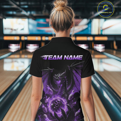 Custom Purple Dragon Flame Bowling Team Women Polo Shirt, Bowling League Shirt IPHW11667
