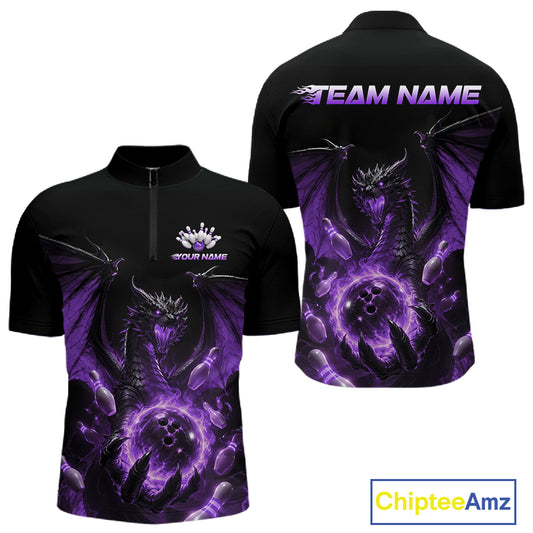 Custom Purple Dragon Flame Bowling Team Men Quarter Zip Shirt, Bowling League Shirt IPHW11667