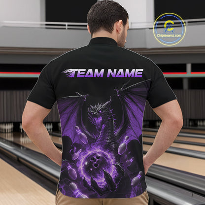 Custom Purple Dragon Flame Bowling Team Men Quarter Zip Shirt, Bowling League Shirt IPHW11667