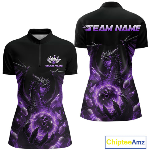 Custom Purple Dragon Flame Bowling Team Women Quarter-Zip Shirt, Bowling League Shirt IPHW11667