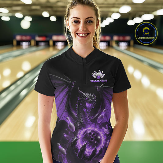 Custom Purple Dragon Flame Bowling Team Women Quarter-Zip Shirt, Bowling League Shirt IPHW11667