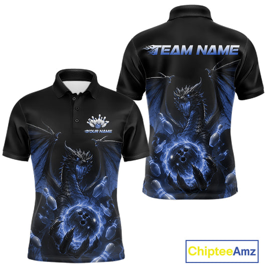Custom Blue Dragon Flame Bowling Team Men Polo Shirt, Bowling League Shirt IPHW11668