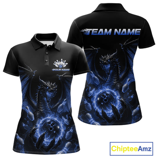 Custom Blue Dragon Flame Bowling Team Women Polo Shirt, Bowling League Shirt IPHW11668