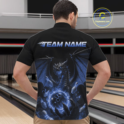 Custom Blue Dragon Flame Bowling Team Men Quarter Zip Shirt, Bowling League Shirt IPHW11668