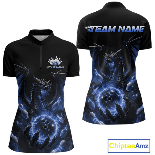 Custom Blue Dragon Flame Bowling Team Women Quarter-Zip Shirt, Bowling League Shirt IPHW11668