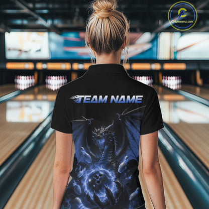 Custom Blue Dragon Flame Bowling Team Women Quarter-Zip Shirt, Bowling League Shirt IPHW11668