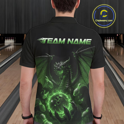 Custom Green Dragon Flame Bowling Team Men Polo Shirt, Bowling League Shirt IPHW11669