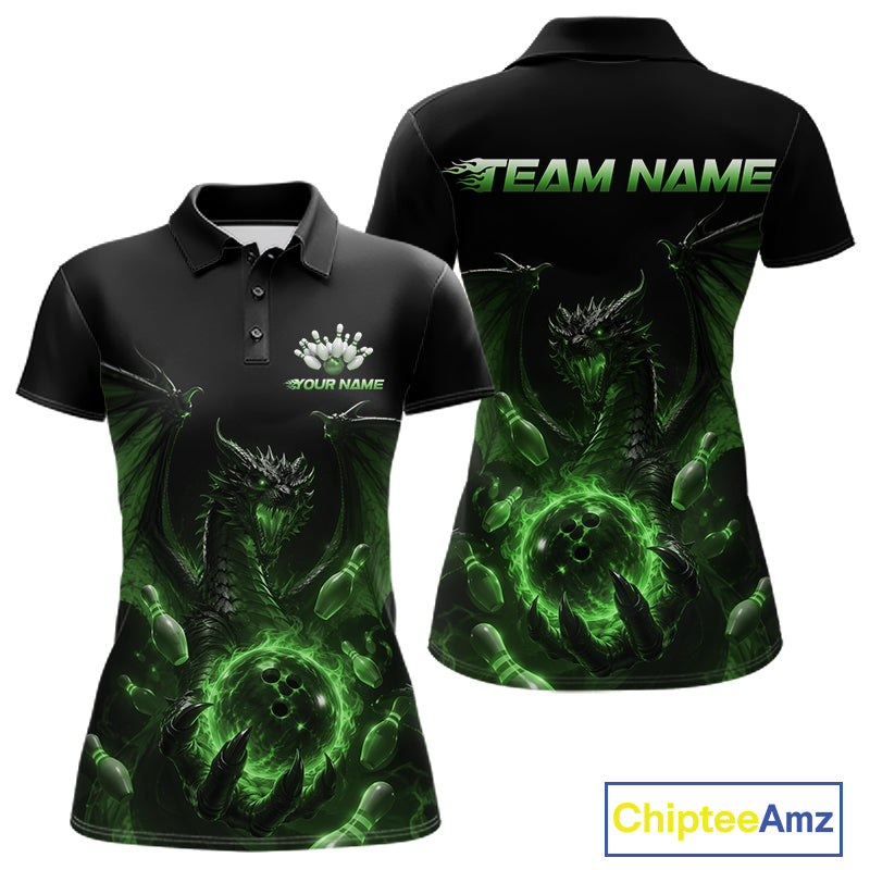 Custom Green Dragon Flame Bowling Team Women Polo Shirt, Bowling League Shirt IPHW11669