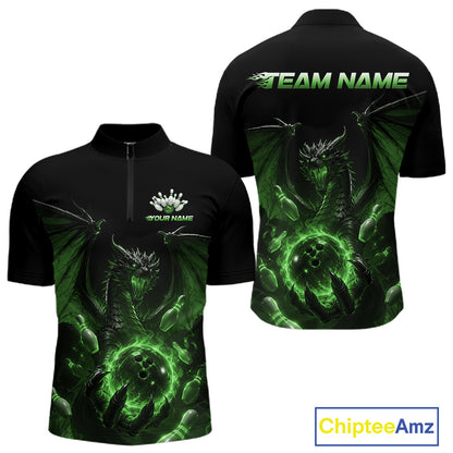 Custom Green Dragon Flame Bowling Team Men Quarter Zip Shirt, Bowling League Shirt IPHW11669