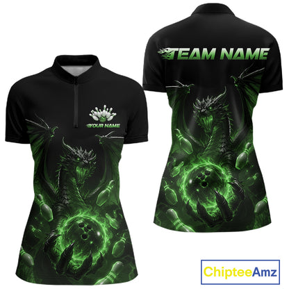 Custom Green Dragon Flame Bowling Team Women Quarter-Zip Shirt, Bowling League Shirt IPHW11669