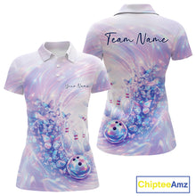 Load image into Gallery viewer, Front and back mockup of a womens polo shirt showcasing pastel purple and pink holographic butterflies with bowling graphics