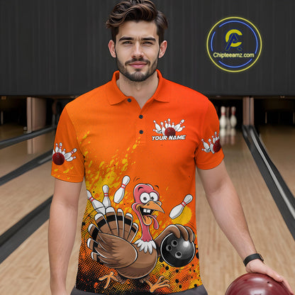 Custom Funny Turkey Bowling Thanksgiving Bowing Outfit Team Polo Shirts For Men IPHW9786