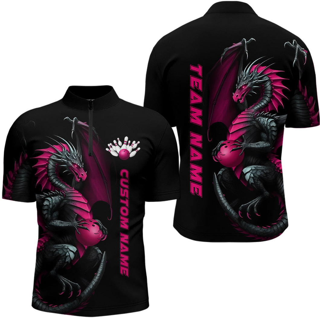 Custom Black And Pink Dragon Bowling Shirts For Men, Dragon Bowling Team Shirt Bowlers Outfit IPHW7293