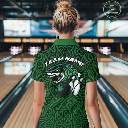 Custom Green Tribal Shark Bowling Team Women Polo Shirt, Shark Bowling Tournament Shirt IPHW10176