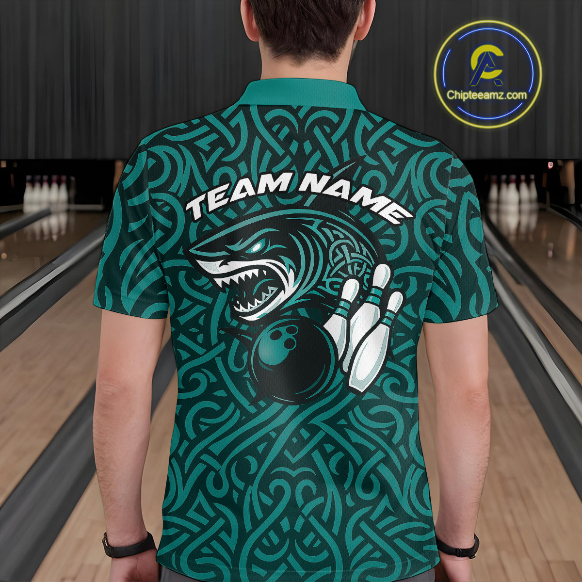 Custom Blue Tribal Shark Bowling Team Men Polo Shirt, Shark Bowling Tournament Shirt IPHW10177