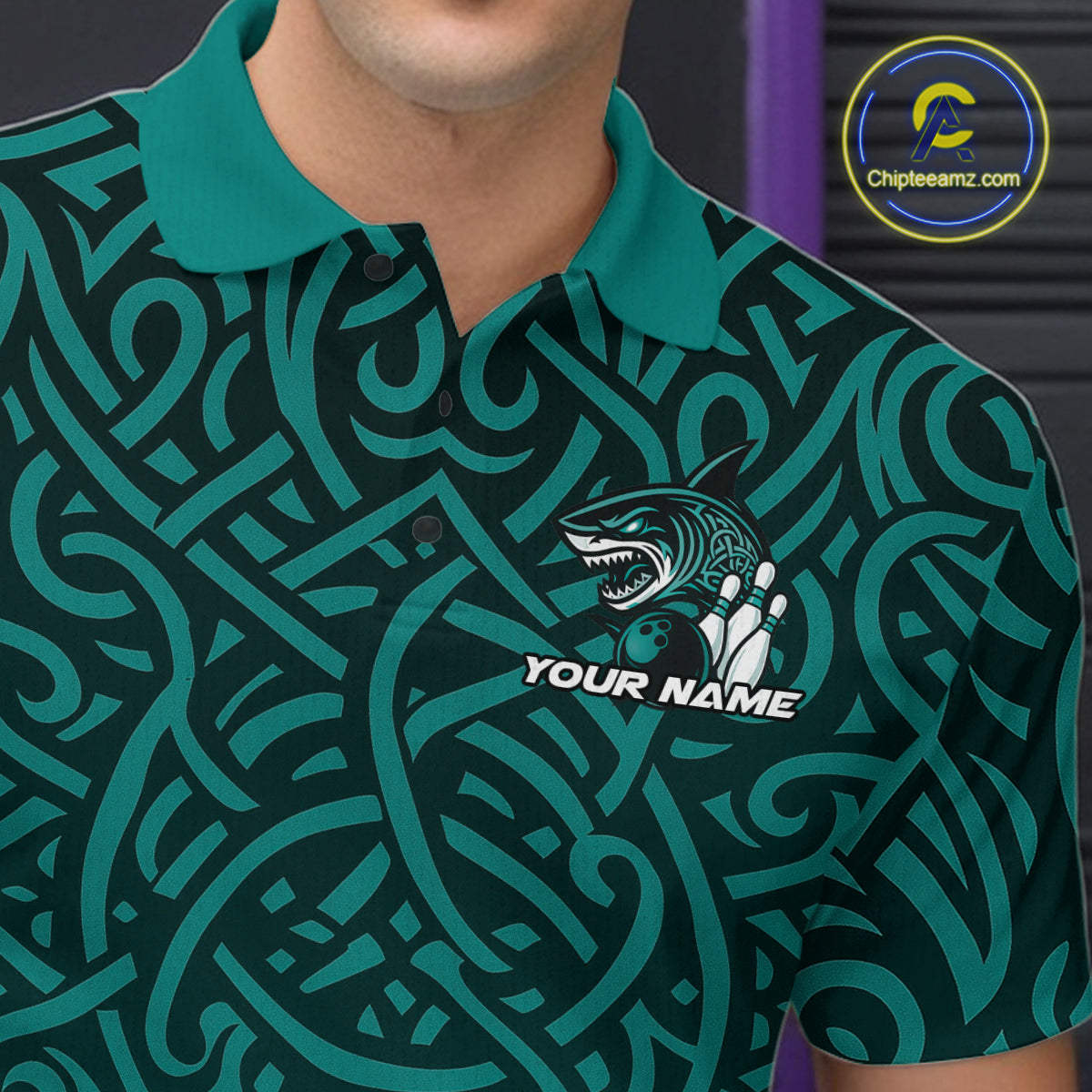 Custom Blue Tribal Shark Bowling Team Men Polo Shirt, Shark Bowling Tournament Shirt IPHW10177