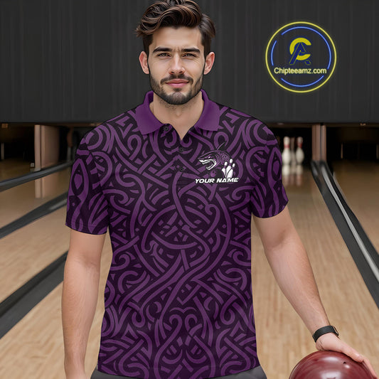 Custom Purple Tribal Shark Bowling Team Men Polo Shirt, Shark Bowling Tournament Shirt IPHW10178
