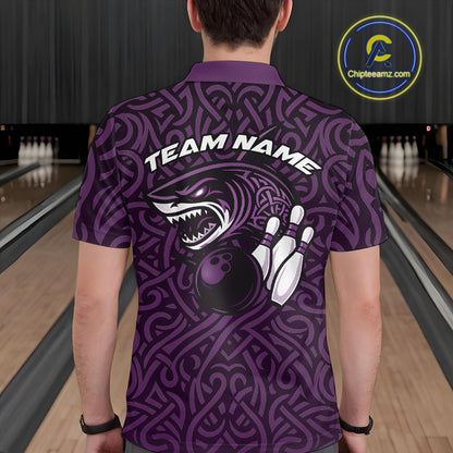 Custom Purple Tribal Shark Bowling Team Men Polo Shirt, Shark Bowling Tournament Shirt IPHW10178