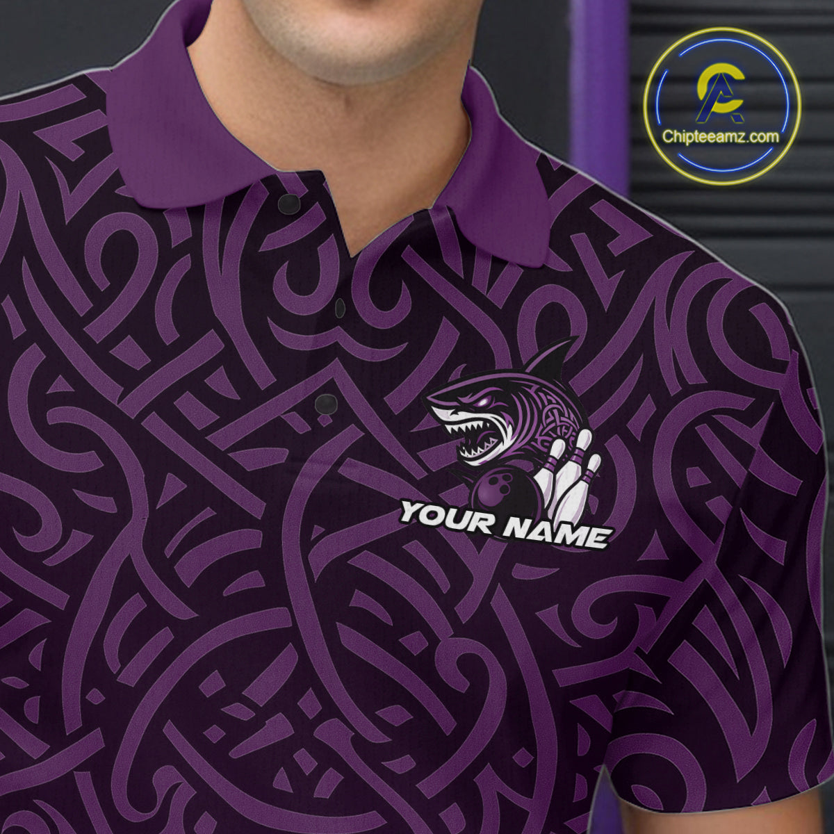 Custom Purple Tribal Shark Bowling Team Men Polo Shirt, Shark Bowling Tournament Shirt IPHW10178