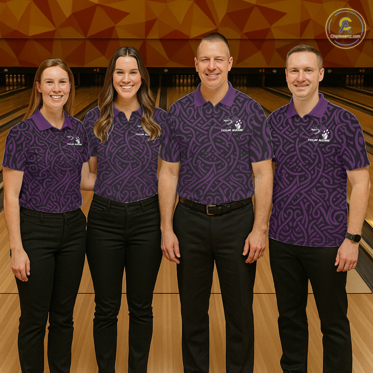 Custom Purple Tribal Shark Bowling Team Men Polo Shirt, Shark Bowling Tournament Shirt IPHW10178