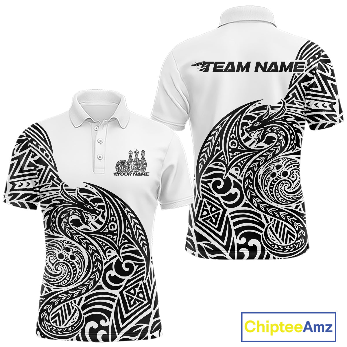 Custom Black And White Tribal Dragon Men Bowling Polo Shirt, Polynesian Bowling Shirt IPHW10340