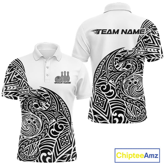 Custom Black And White Tribal Dragon Men Bowling Polo Shirt, Polynesian Bowling Shirt IPHW10340