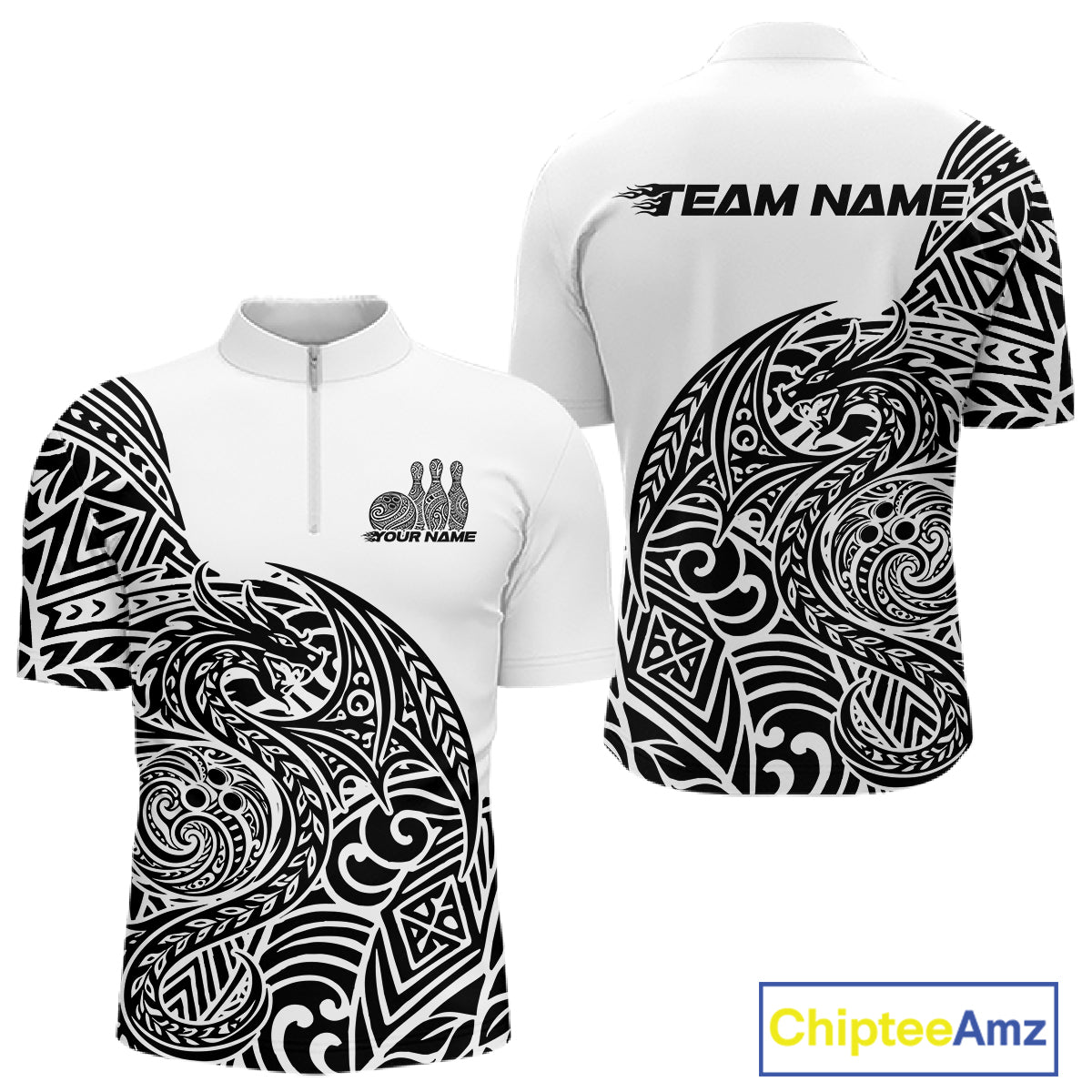 Custom Black And White Tribal Dragon Men Bowling Quarter-Zip Shirt, Polynesian Bowling Shirt IPHW10340