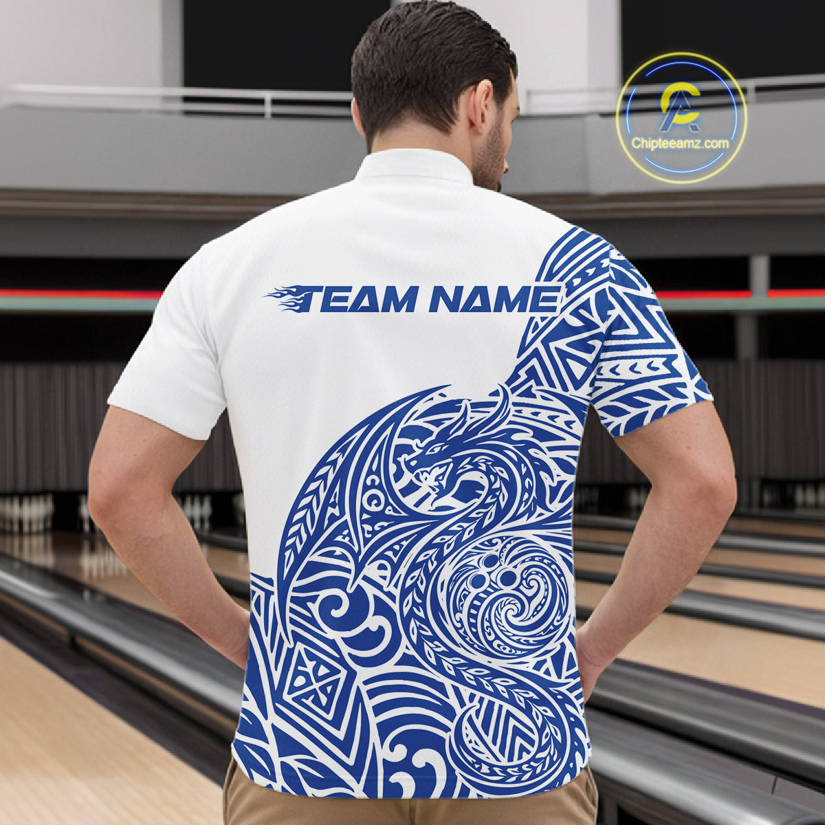 Custom Blue And White Tribal Dragon Men Bowling Quarter-Zip Shirt, Polynesian Bowling Shirt IPHW10342