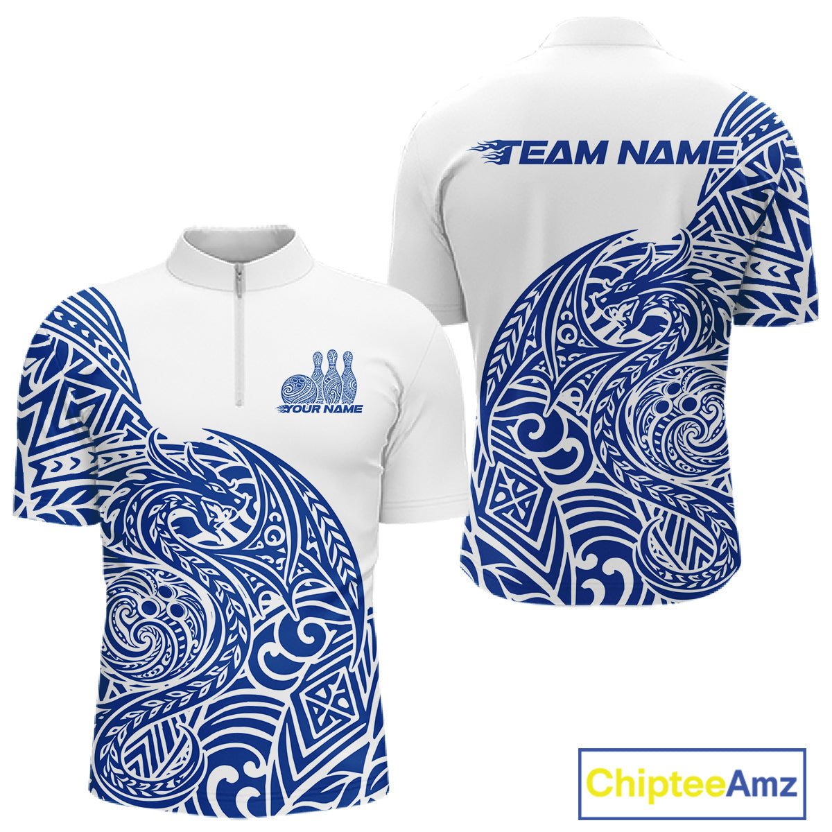 Custom Blue And White Tribal Dragon Men Bowling Quarter-Zip Shirt, Polynesian Bowling Shirt IPHW10342