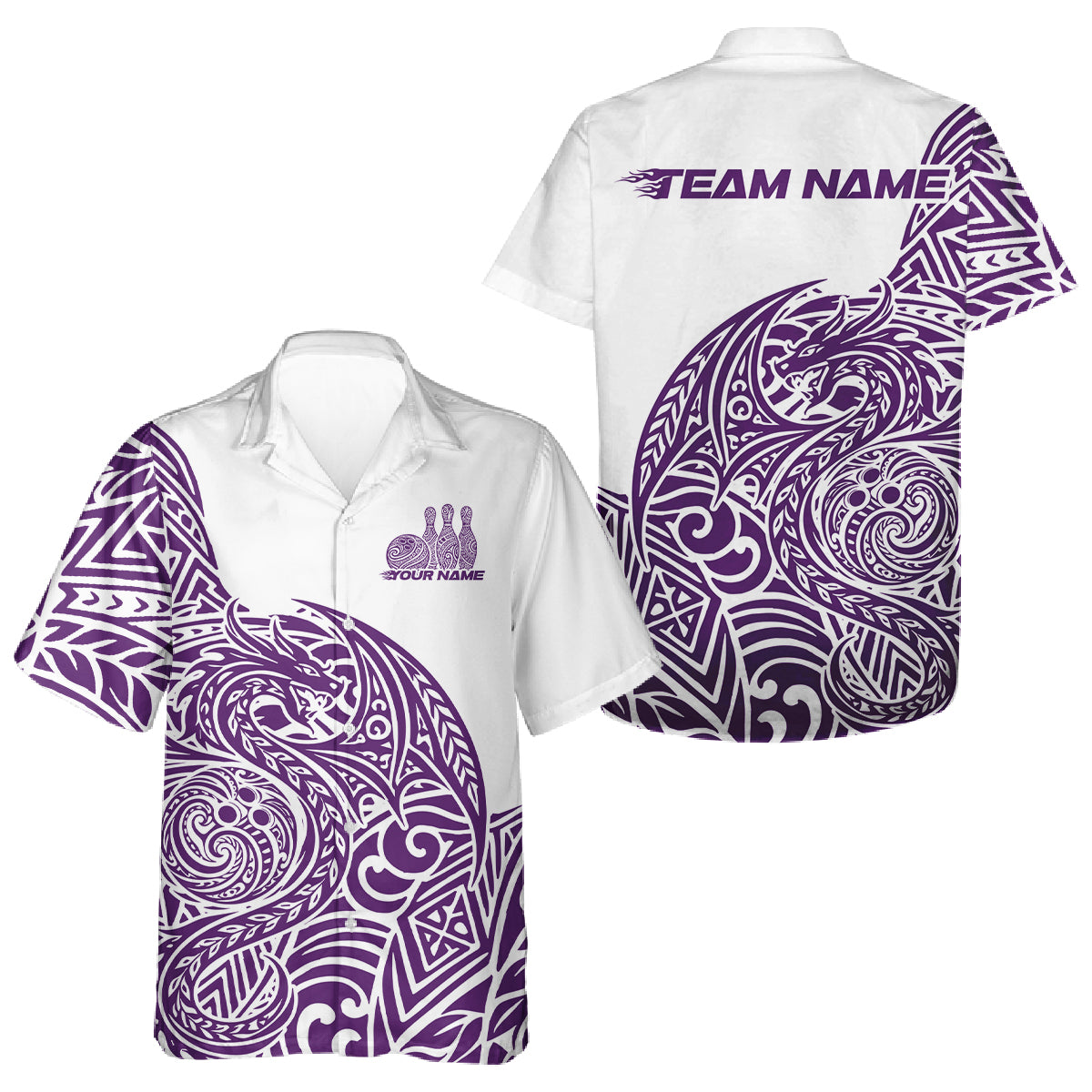 Custom Purple And White Tribal Dragon Men And Women Bowling Hawaiian Shirt, Polynesian Bowling Shirt IPHW10343