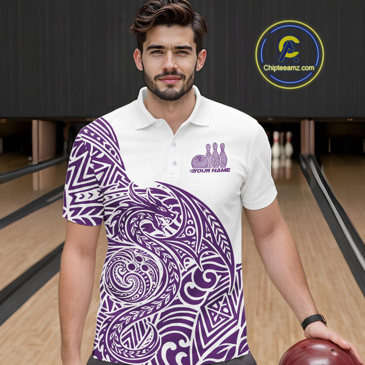 Custom Purple And White Tribal Dragon Men Bowling Polo Shirt, Polynesian Bowling Shirt IPHW10343