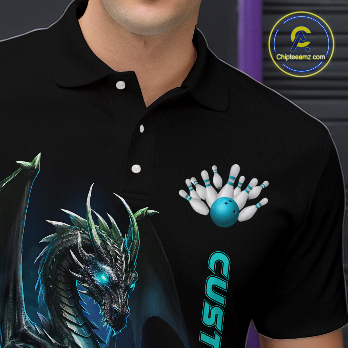 Custom Men Bowling Polo Shirts Blue Dragon Bowling Team Jerseys Bowling League Shirts Outfits IPHW5351