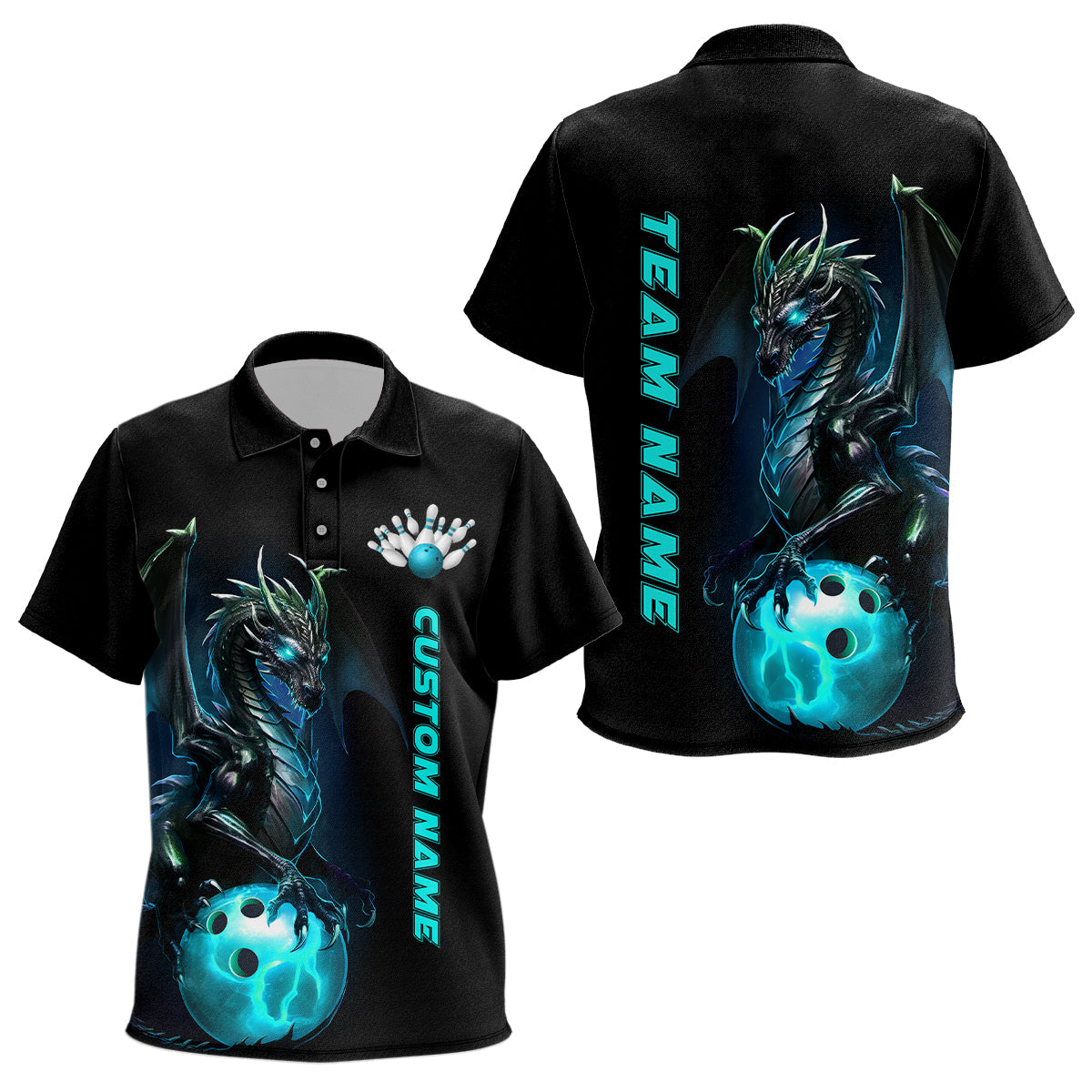Custom Kid Bowling Polo Shirts Blue Dragon Bowling Team Jerseys Bowling League Shirts Outfits IPHW5351