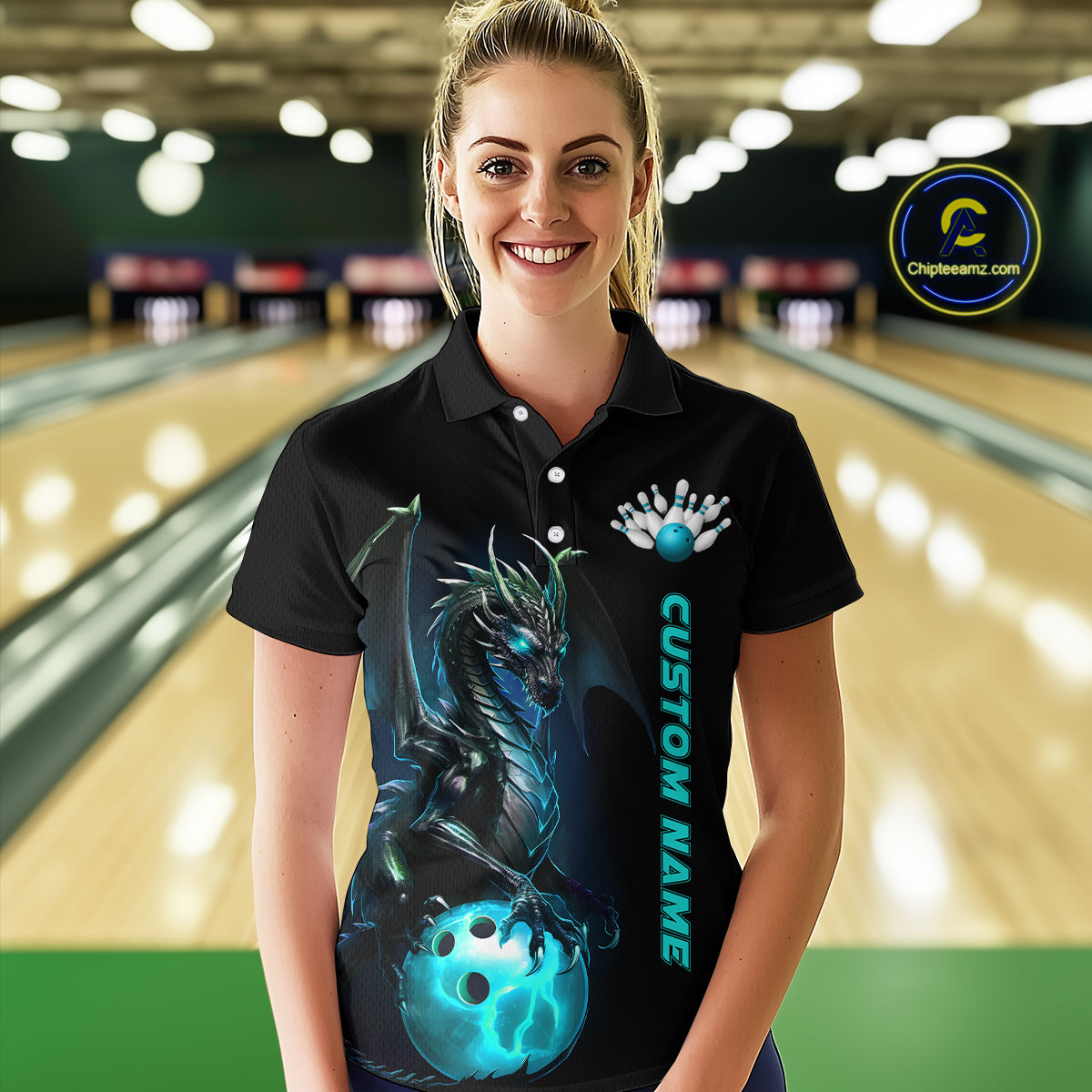 Custom Women Bowling Polo Shirts Blue Dragon Bowling Team Jerseys Bowling League Shirts IPHW5351