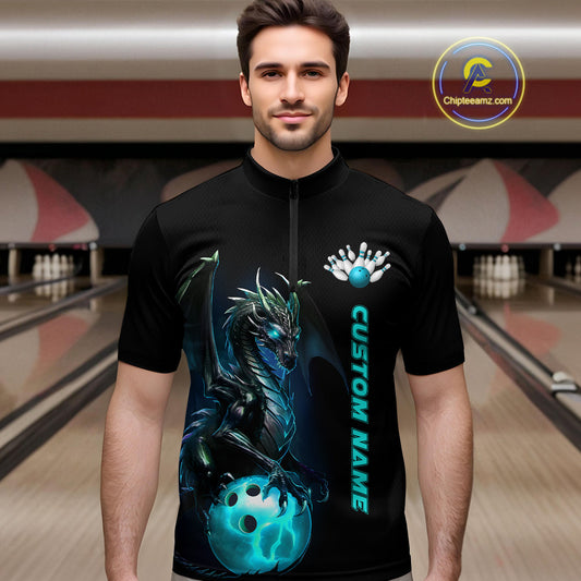 Custom Men Bowling Quarter Zip Shirts Blue Dragon Bowling Team Jerseys Bowling League Shirts IPHW5351