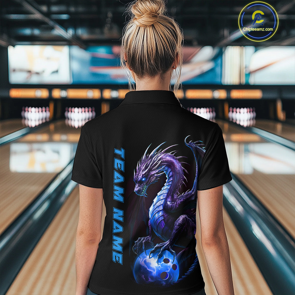 Personalized Blue Dragon Bowling Team Jerseys Women Polo Shirts Bowling League Shirts IPHW5353