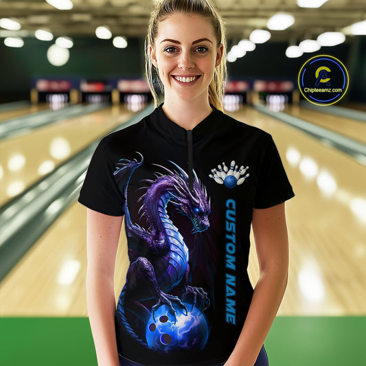 Personalized Blue Dragon Bowling Team Jerseys Women Quarter Zip Shirts Bowling League IPHW5353