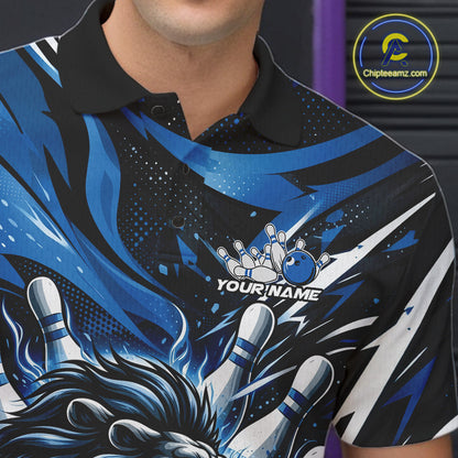 Custom Deep Blue Flame Bowling Ball Lion Bowling Jerseys, Lion Men Polo Bowling Shirt IPHW10349