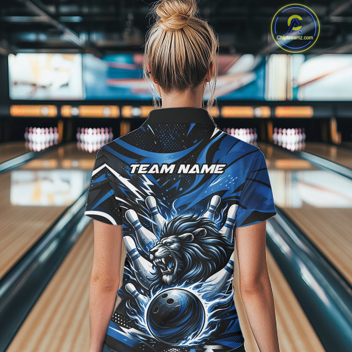 Custom Deep Blue Flame Bowling Ball Lion Bowling Jerseys, Lion Women Polo Bowling Shirt IPHW10349