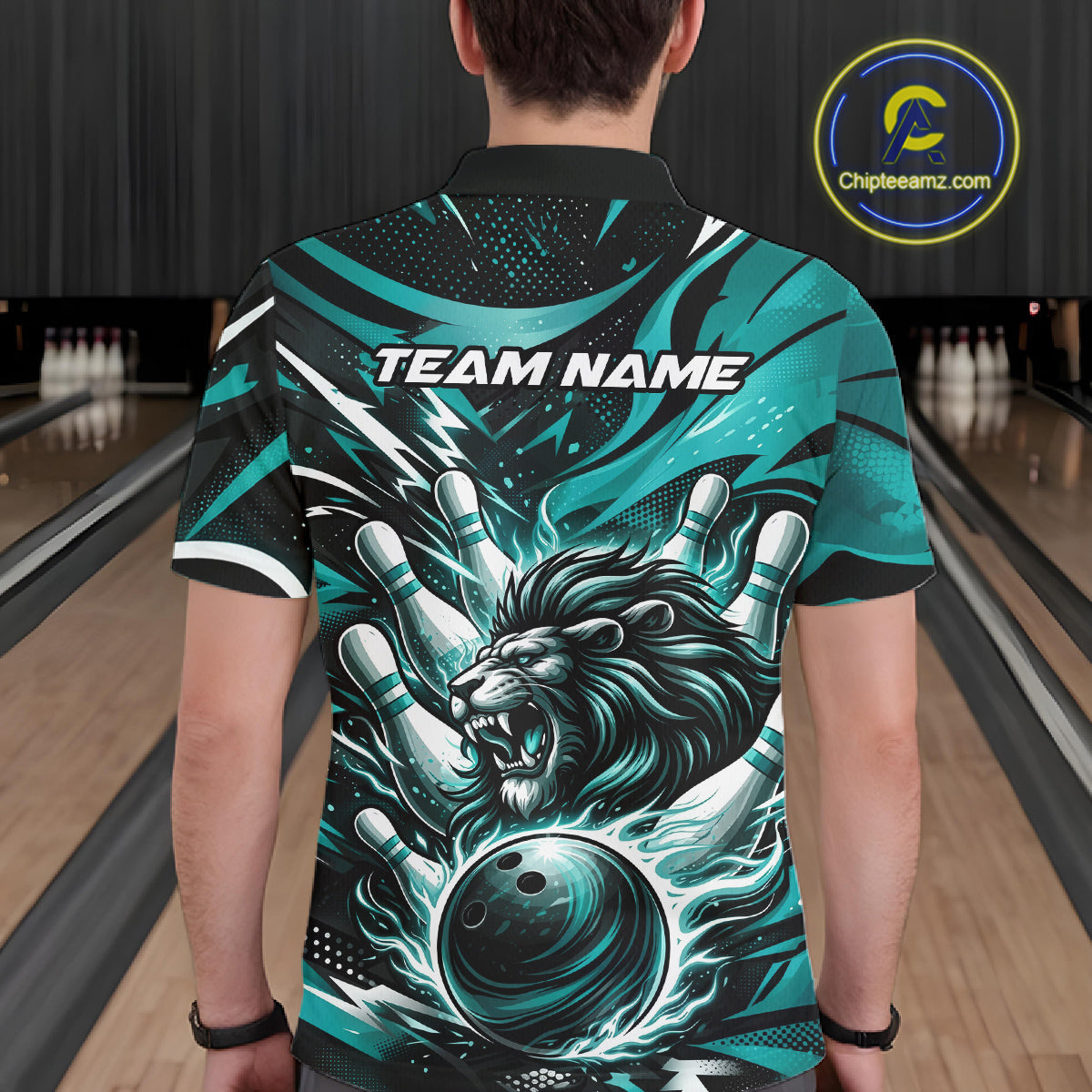 Custom Turquoise Blue Flame Bowling Ball Lion Bowling Jerseys, Lion Men Polo Bowling Shirt IPHW10350