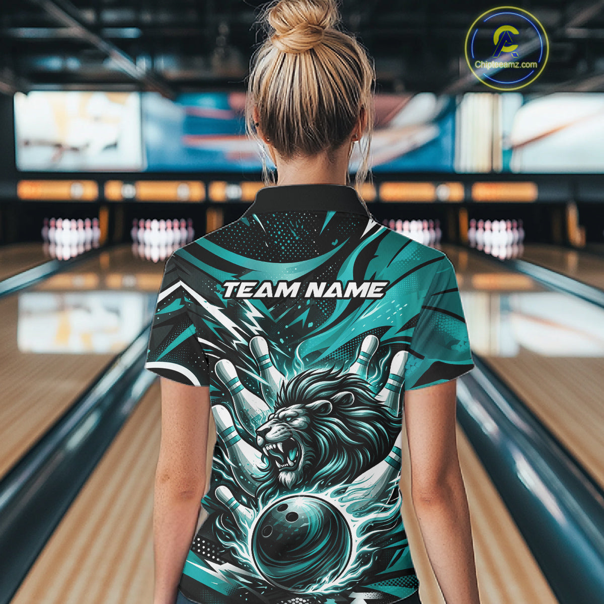 Custom Turquoise Blue Flame Bowling Ball Lion Bowling Jerseys, Lion Women Polo Bowling Shirt IPHW10350