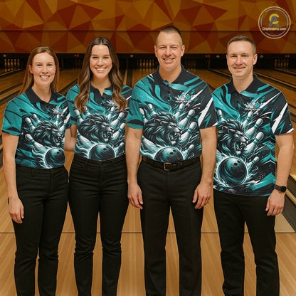 Custom Turquoise Blue Flame Bowling Ball Lion Bowling Jerseys, Lion Men Polo Bowling Shirt IPHW10350
