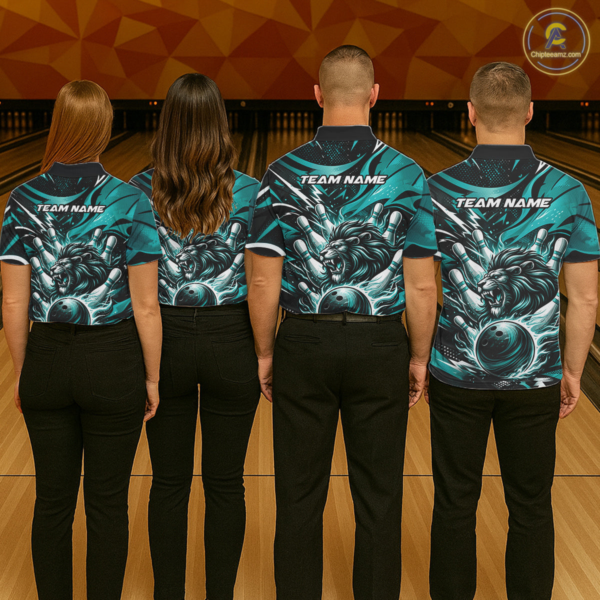 Custom Turquoise Blue Flame Bowling Ball Lion Bowling Jerseys, Lion Men Polo Bowling Shirt IPHW10350